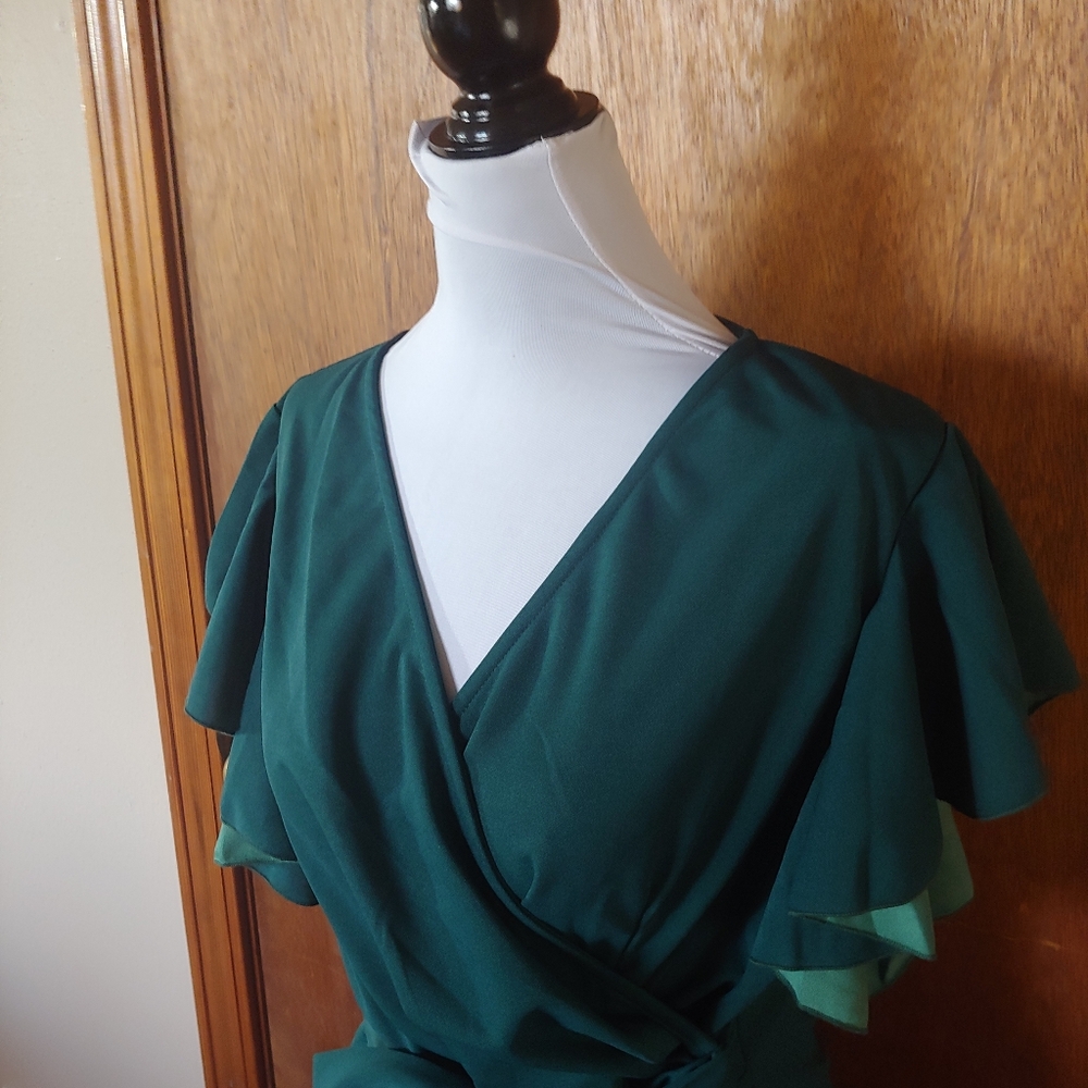 NWT G&Y Dark Green V Ruched Tie Waist Wrap Short Sleeve Cocktail Midi Dress XL - Picture 5 of 15